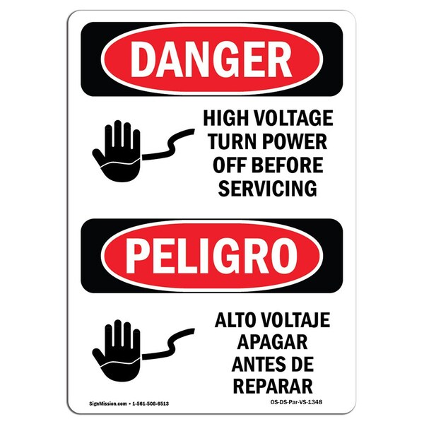 Signmission Safety Sign, OSHA Danger, 5" Height, High Voltage Turn Power Off Bilingual Spanish OS-DS-D-35-VS-1348 - main